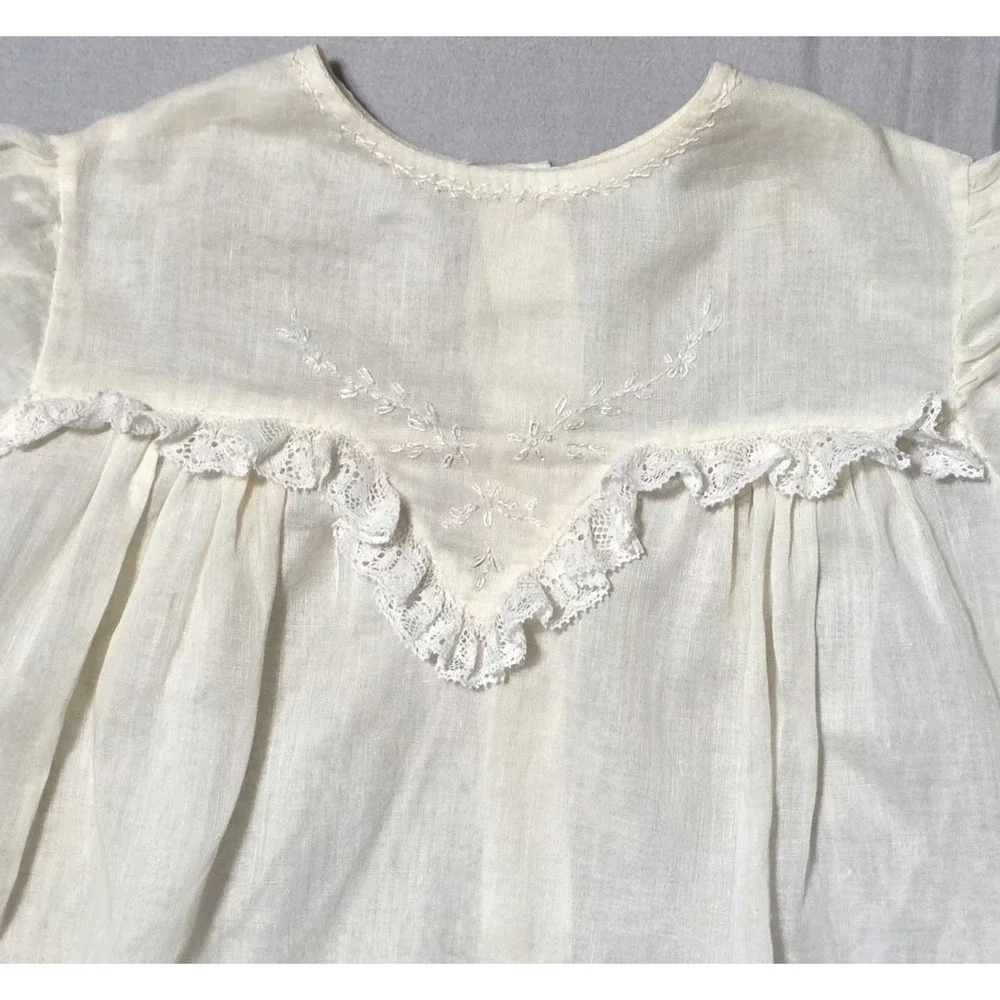 Vintage Hand Embroidered Baby Dress White Cotton Lace Scalloped Hem Christening